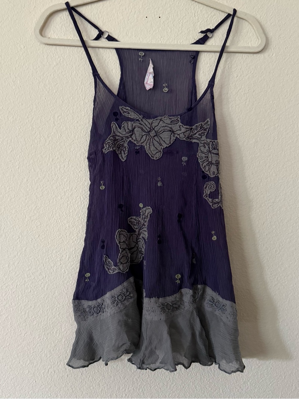 Free People 100% Silk Purple Embroidered Applique Boho Tunic Cami Top Y2K rare